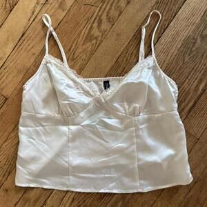 H&M Satin Lace Trim Cropped Camisole Tank Top Off-White M